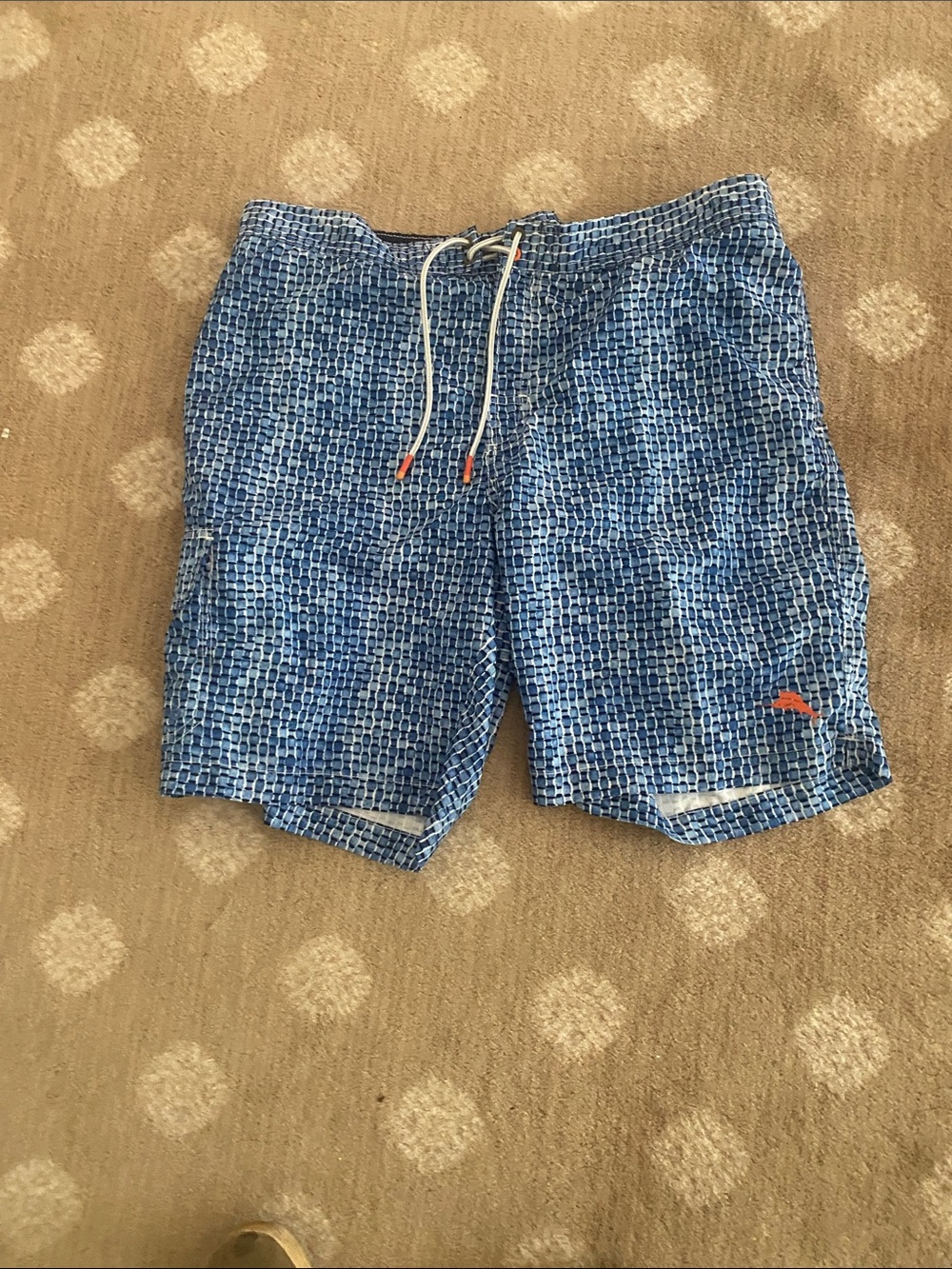 Tommy Bahama Men’s Blue Patterned Swim Trunks with Orange Logo Accent - Like New